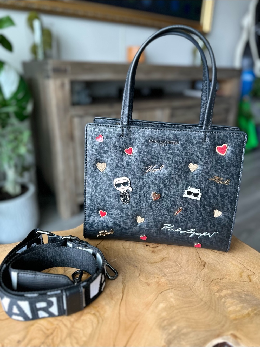 Karl Lagerfeld Paris Maybelle Black Satchel w/ Pins Hearts Karl Choupette